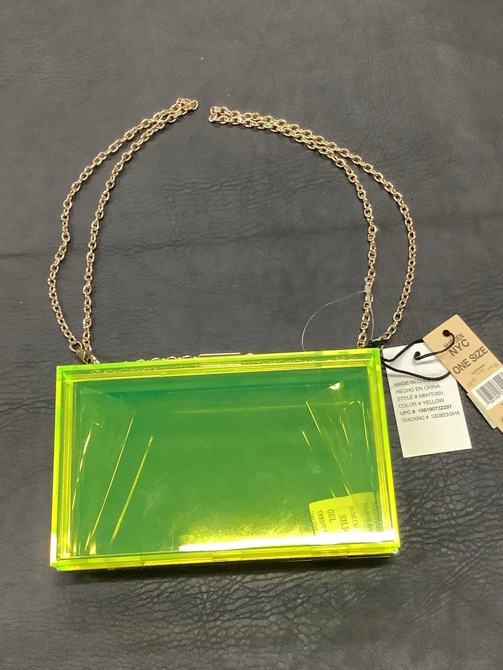 Neon Yellow-Green Transparent Box Clutch with Gold Chain
